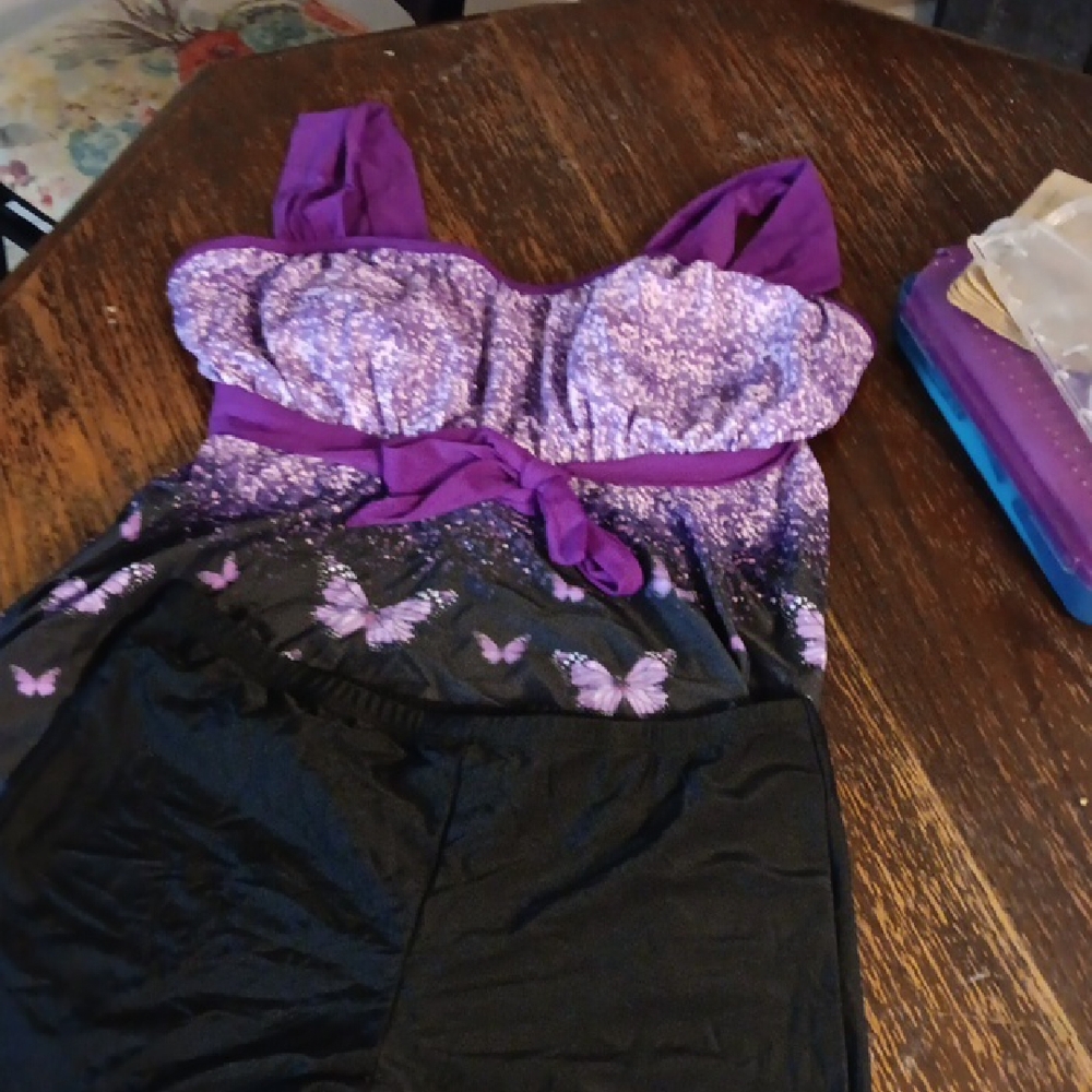Purple and Black Swim Top with Bottoms